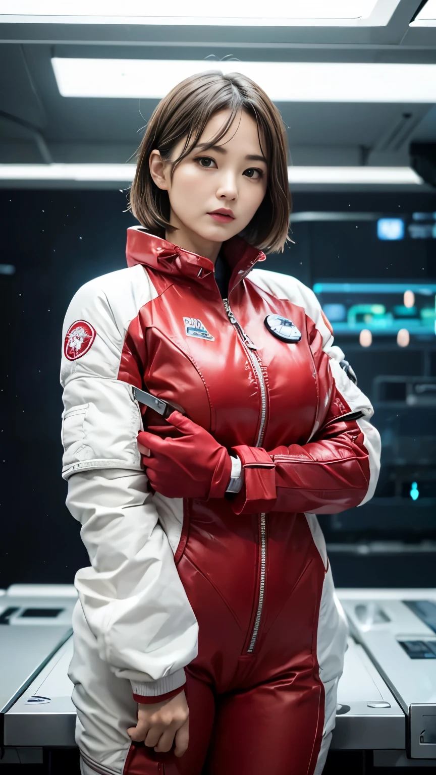 (hyper real)、future female pilots、
Huge Beautiful woman High level image quality High resolution realistic short hair bionde、 biondeの女性、mature woman、middle-aged women、((big big skin texture、超High resolution、realistic、Chubby body type、angry face、beauty of middle age、beautiful expression、Detailed green ironed fluffy hair、Kamimei、Very delicate and delicate skin texture、35A woman piloting a giant space station)、female pilot batlight red lips、((Wear a red flight suit))、(((alone)))、
