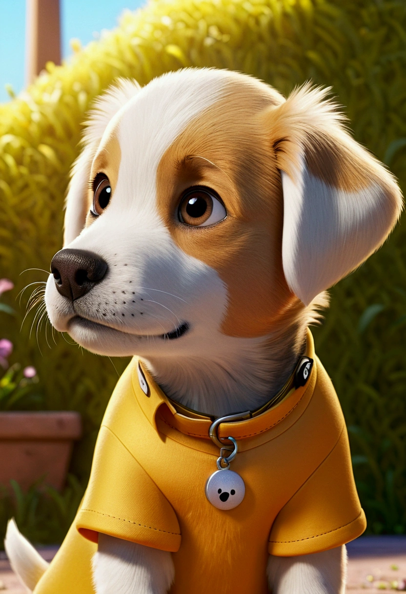 garoto glad cabelo castanho claro curto, skin fair, short sleeve orange shirt, olhando para o puppy all yellow ( no color white), puppy all yellow, looking at the boy, dog with all yellow fur ( the dog has no white hair), glad, disney pixar style, 3d, animated cartoon, fluffly, shiny colors, details Intricate, from sideways, Profile, one looking at the other