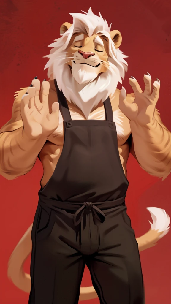 by chunie by catsudon by retros, male,((mature,mature male)),(Bearded,mustæhe)), felid, solo, Lion,(white hair), ficialhair, facing mewer, (((closed eyes))), ((smilling)), feline claws, (5 fingers), solid red background, shirtless, apron, black pants, smile, (((ok gesture))), palm forward,