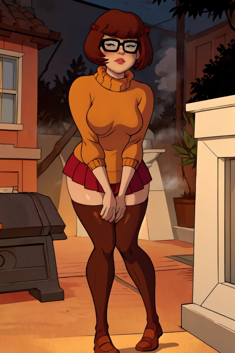 1girl, Velma from scooby-doo, solo, skinny, brown hair, black eyes, square glasses, orange turtleneck blouse and red skirt,  eyeliner, leaning against wall, butt out lips, black bob cut, blunt bangs, blush, standing, full body, outdoors, night, fog egirlmakeup, orange stockings, on knees, mouth open