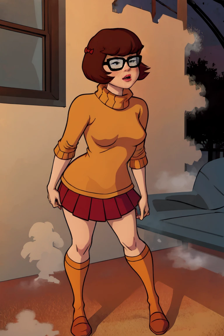 1girl, Velma from scooby-doo, solo, skinny, brown hair, black eyes, square glasses, orange turtleneck blouse and red skirt, eyeliner, leaning against wall, butt out lips, black bob cut, blunt bangs, blush, standing, full body, outdoors, night, fog egirlmakeup, orange stockings, on knees, mouth open