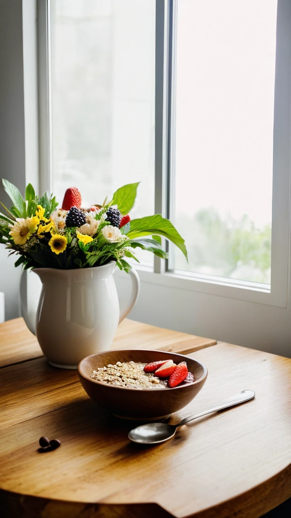 ((best quality)), ((masterpiece)), (detailed), A hyper-realistic, natural photo of a bowl of oatmeal taken with a smartphone by an influencer, showing her breakfast. The oatmeal is topped with fresh fruits like strawberries, blueberries, and banana slices, with a drizzle of honey on top. The bowl is placed on a wooden table with a cozy, morning ambiance. In the background, there's a cup of coffee, a spoon, and a napkin, all arranged casually. The lighting is soft and natural, coming from a nearby window, creating a warm and inviting atmosphere. The photo is highly detailed, capturing the texture of the oatmeal, the freshness of the fruits, and the slight reflections on the honey. The image looks like it was posted on social media, with an authentic and unfiltered feel.
