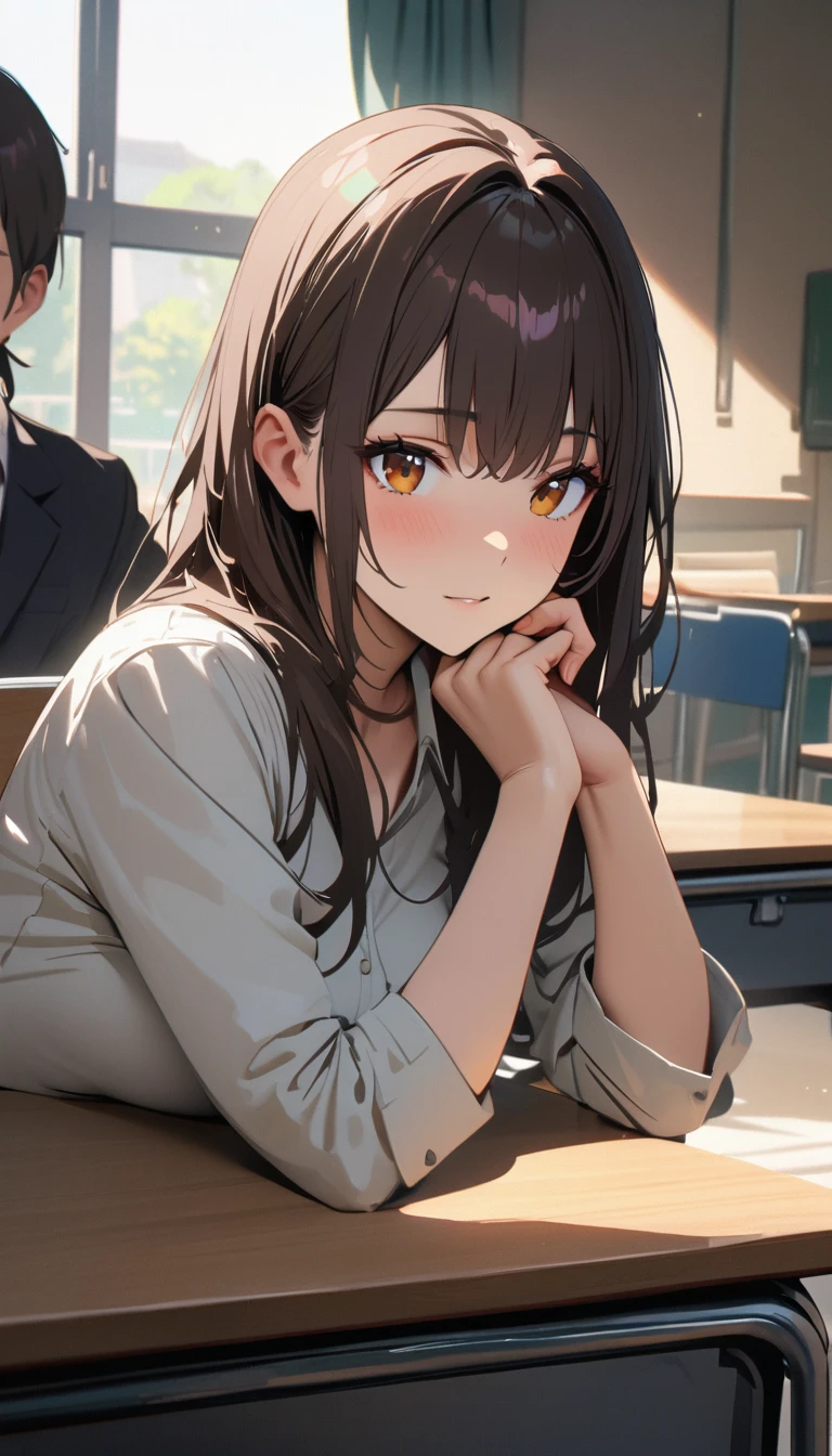 modern, Verism, masterpiece, textured skin, super detail, best quality, 4K , A beautiful woman with short bobbed dark brown hair is resting her chin on her hand, gazing intently with teary eyes at the person she likes. The setting is inside a high school classroom during the day.