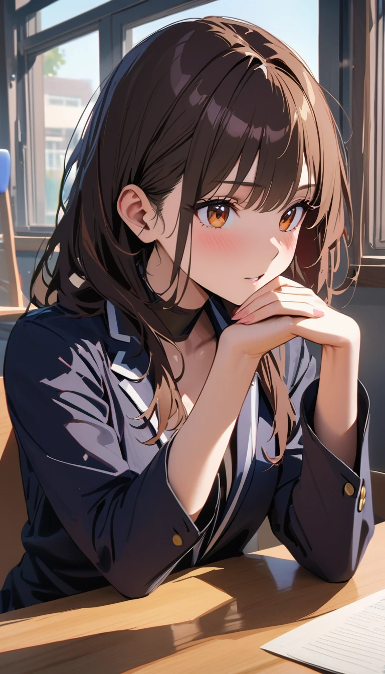 modern, Verism, masterpiece, textured skin, super detail, best quality, 4K , A beautiful woman with short bobbed dark brown hair is resting her chin on her hand, gazing intently with teary eyes at the person she likes. The setting is inside a high school classroom during the day.