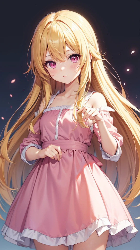High resolution, Simple Background, Background blur, Anime Style, Round eyes, Character design drawings, Long Hair, Gaze, Blonde, Pink eyes, Backwards,Highest quality,