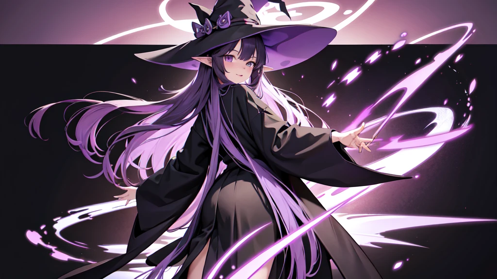 Anime girl with long purple hair and black robe. Witch hat. Pointy ears. Cute as a cartoon. Back view. Full body facing backwards. Her whole body is visible from her head to her feet. Skirt is short.