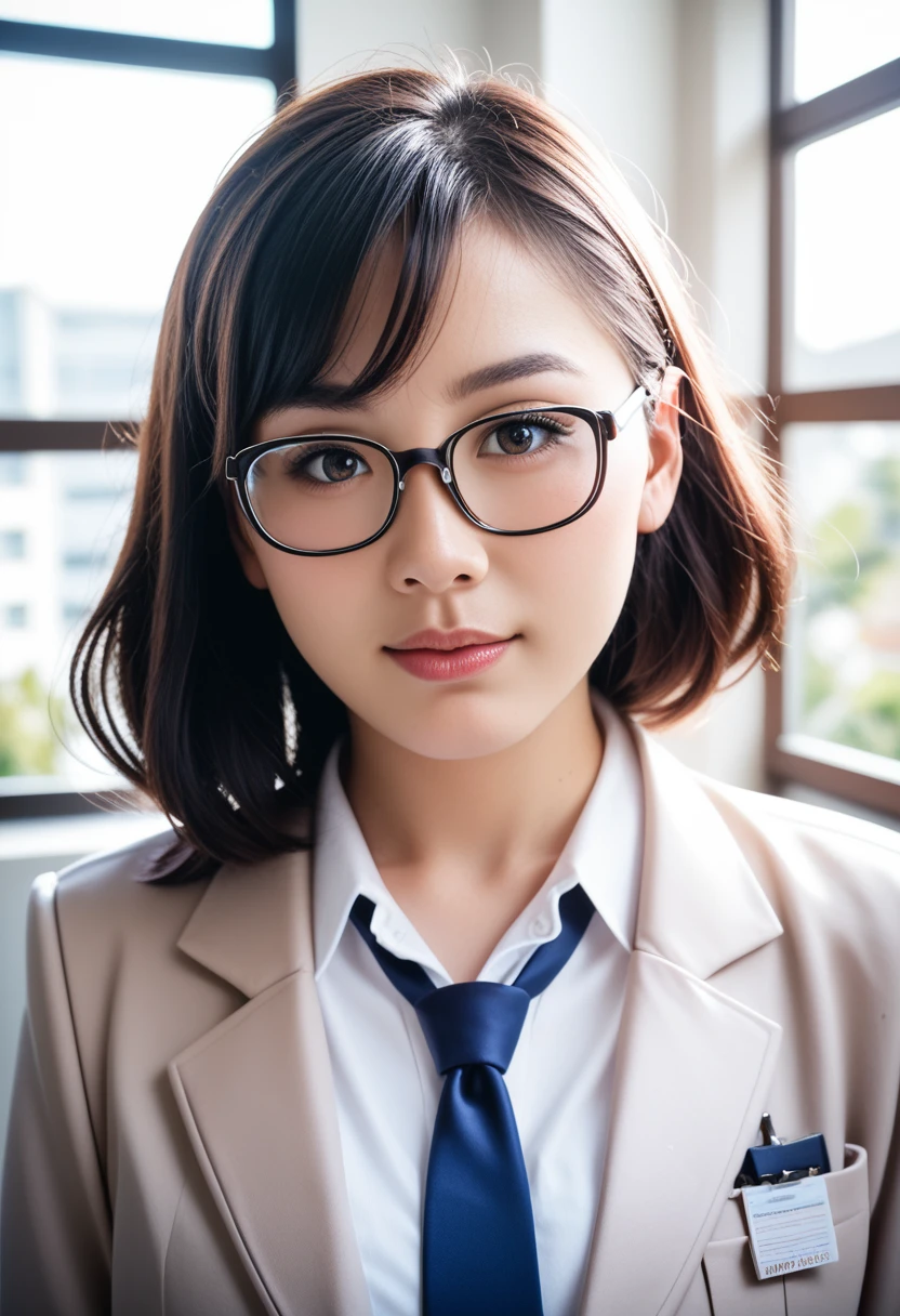 8k, raw photo, best quality, masterpiece, realistic, photo realistic, clear, professional lighting, beautiful face, best quality,ultra high res, realistic japanese beautiful, Super detailed, 1girl, clothed, indoor, looking over eyewear