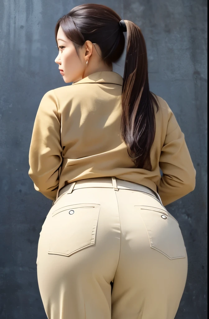 masterpiece,Highest quality,Beige trousers,Black clothes,Japanese,30-year-old woman,Protruding buttocks,I can see your face,Looking at the camera,Highly detailed face,ponytail,Big Ass,profile