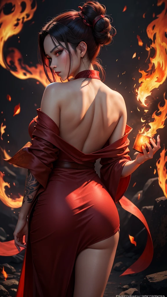 best quality,masterpiece,Ultra-high resolution,(photoactual:1.4),Dark Background,The fire is shocking,Game characters,20-year-old,a cold,Beautiful oriental woman(goddess),deep red eyes,Dark red long ponytail,Wearing red ancient Hanfu,Backless,Back flame tattoo,Turn around