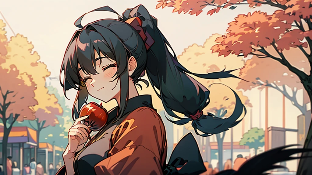 1female, dress in yukata, ponytail hair, black hair, closed eyes, smile, holding candy apple, festival, summer festival, night, simple street, trees, anime, manga, anime art, potrait