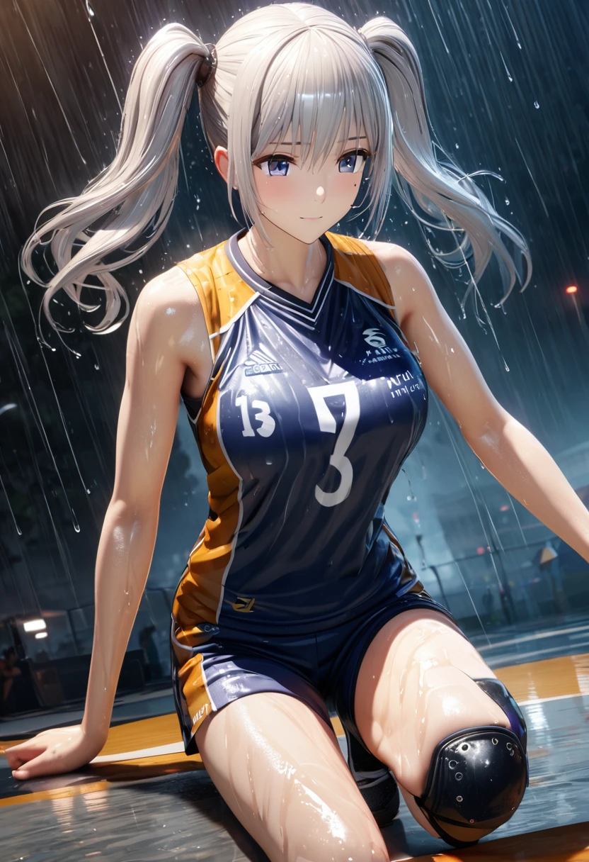 masterpiece, Highest quality, Very detailed, High resolution, expensive resolution, High resolution, 4K, 8k, Unity 8k wallpaper, Very detailed CG, masterpiece, 2D, 3d, Beautiful details, depth, Fine texture, Highest quality: 1.3, Perfect focus, Transparent muscle, he, rain, Wet, Wet clothes: 1.Two very cute anime girls, (knee support), (A bra is visible through a volleyball uniform, Wet from pouring rain, Knee pads, Volleyball Shoes), Big Breasts, expensive hair in twin tails, One Girl, rain, (raindrops dripping from Wet hair, bra visible through thin volleyball uniform Wet from rain, Knee pads, support, Volleyball Shoes, whole body), Mole under the eye, Looking at the audience, expensive