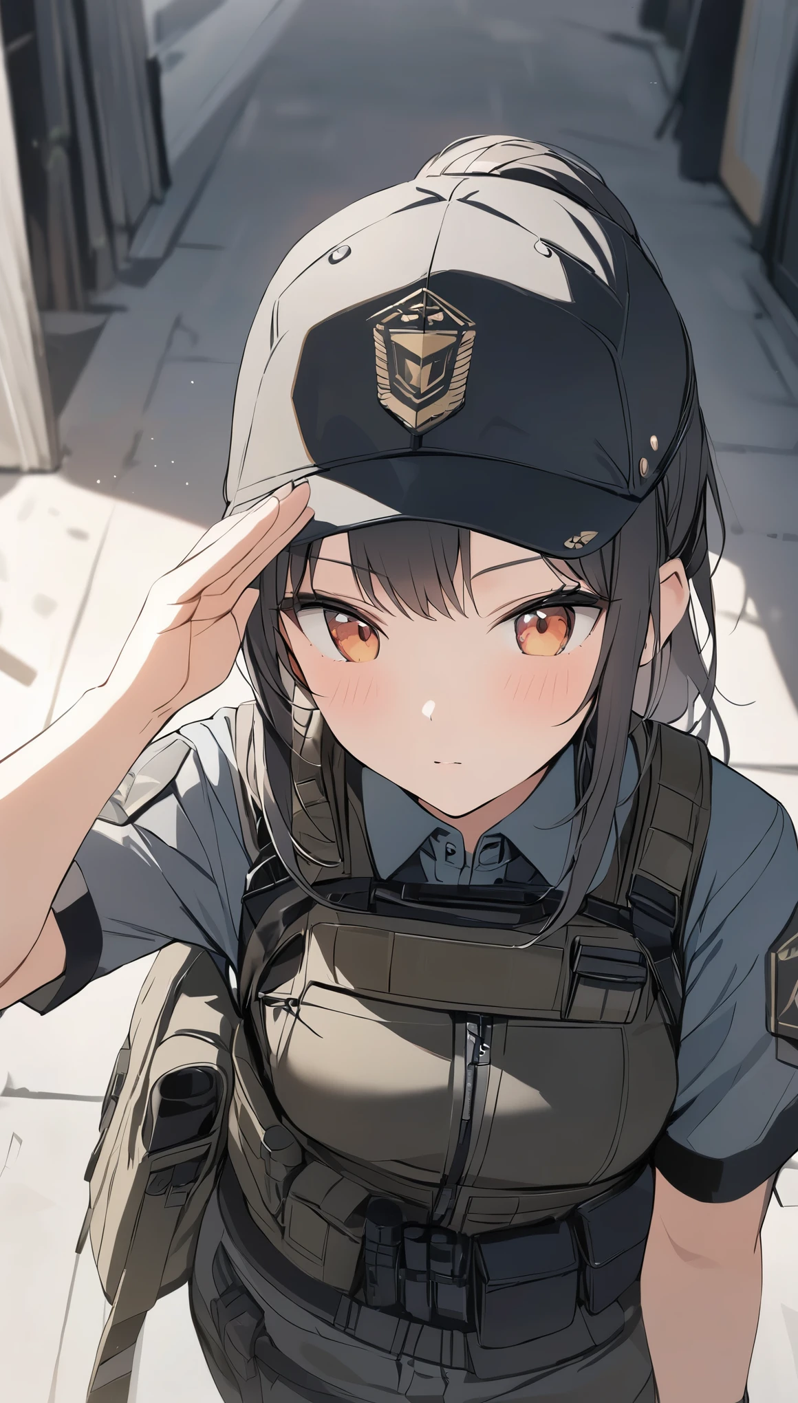 depth of field, Shine, blurry foreground, f/2.8, 35mm, uhd, ((masterpiece)), high quality, super detail, 最high quality, High resolution,salute,Special Forces Girls,ponytail,Bulletproof vest,Black cap