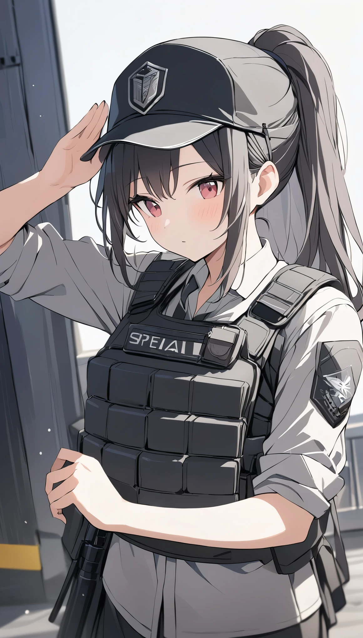 depth of field, Shine, blurry foreground, f/2.8, 35mm, uhd, ((masterpiece)), high quality, super detail, 最high quality, High resolution,salute,Special Forces Girls,ponytail,Bulletproof vest,Black cap