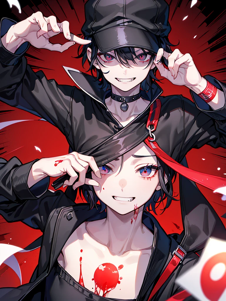 (Tabletop), (Highest quality), (8k)、Very detailed, male1人、Focus Only,Perfect Face、Tying up hair、Black jacket、scary look、Sparkling Eyes、Ruined Background(Black Hair),(Dark Eyes:1.4)Muscular、Holding a dagger、Shortcutale1人、46 years old、male、mens、Tough、scary、Face tattoos、smile、Delivery Person、Black cap、Black Hat、blood droplets、solo
