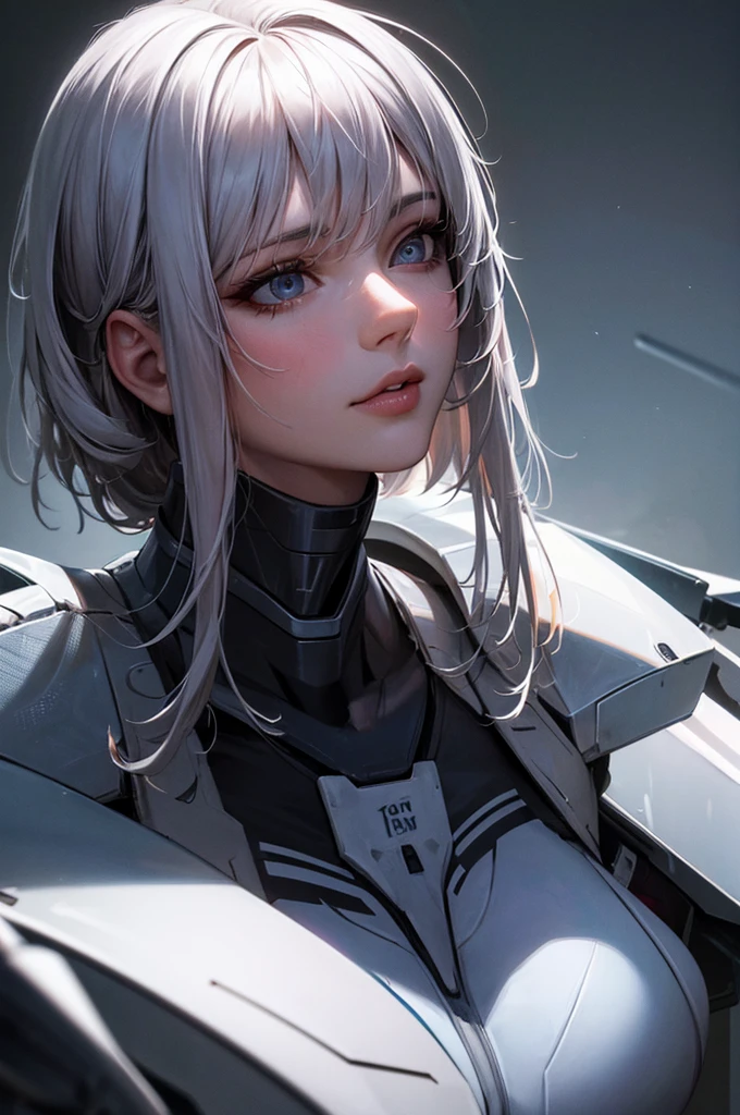 masterpiece, Highest quality, Ultra-realistic, Ultra-detailed, 8k resolution, RAW Photos, Sharp focus, (One girl), alone, Gorgeous face, Perfect body, Mature Woman, Age 25,  Portraiture, Mecha, White Armor, Nanosuit, sexy, Messy Hair, Cinematic, Cinematic light, Dark Theme