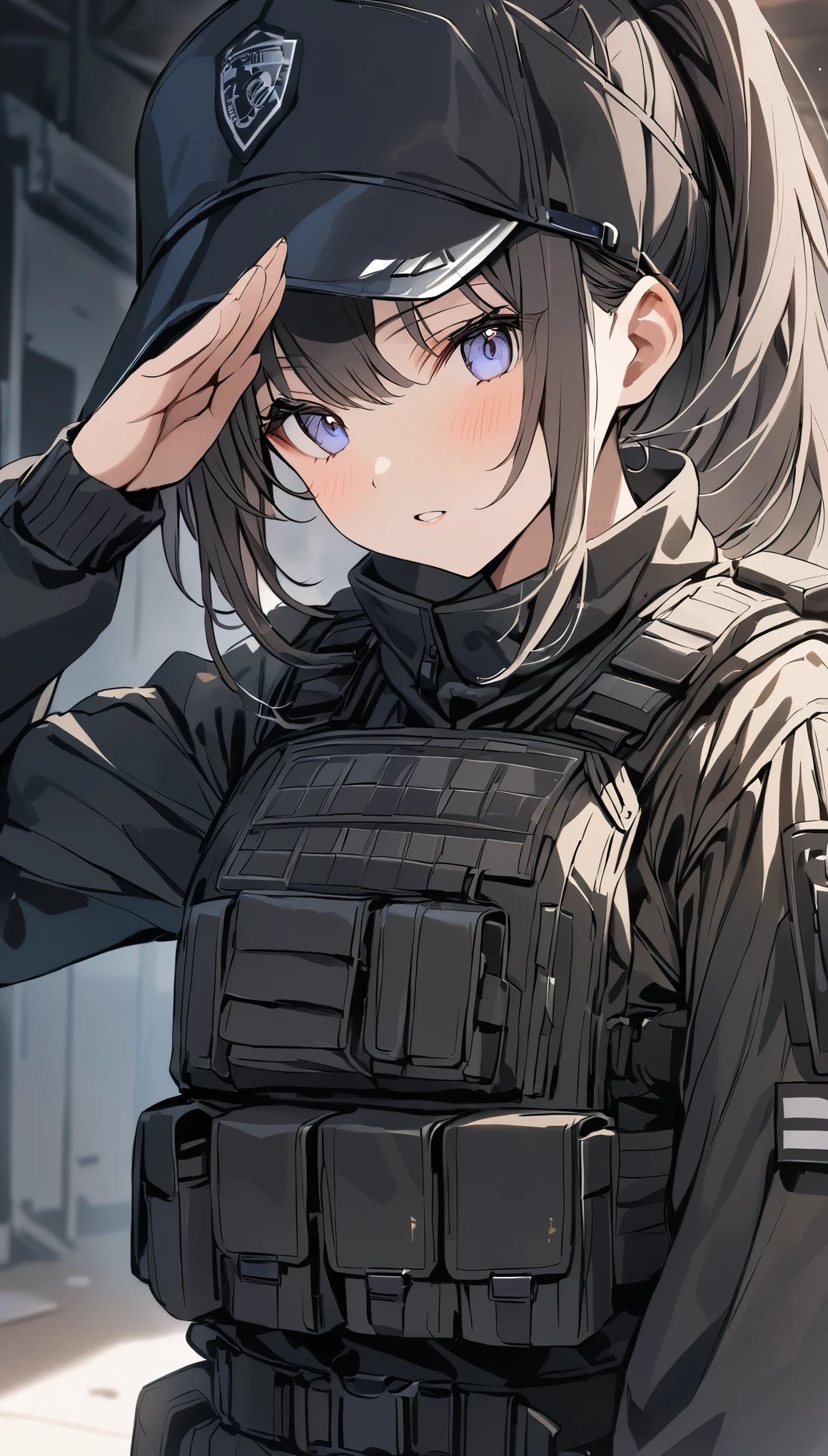 depth of field, Shine, blurry foreground, f/2.8, 35mm, uhd, ((masterpiece)), high quality, super detail, 最high quality, High resolution,(salute:Right hand),Special Forces Girls,ponytail,Bulletproof vest,Black cap