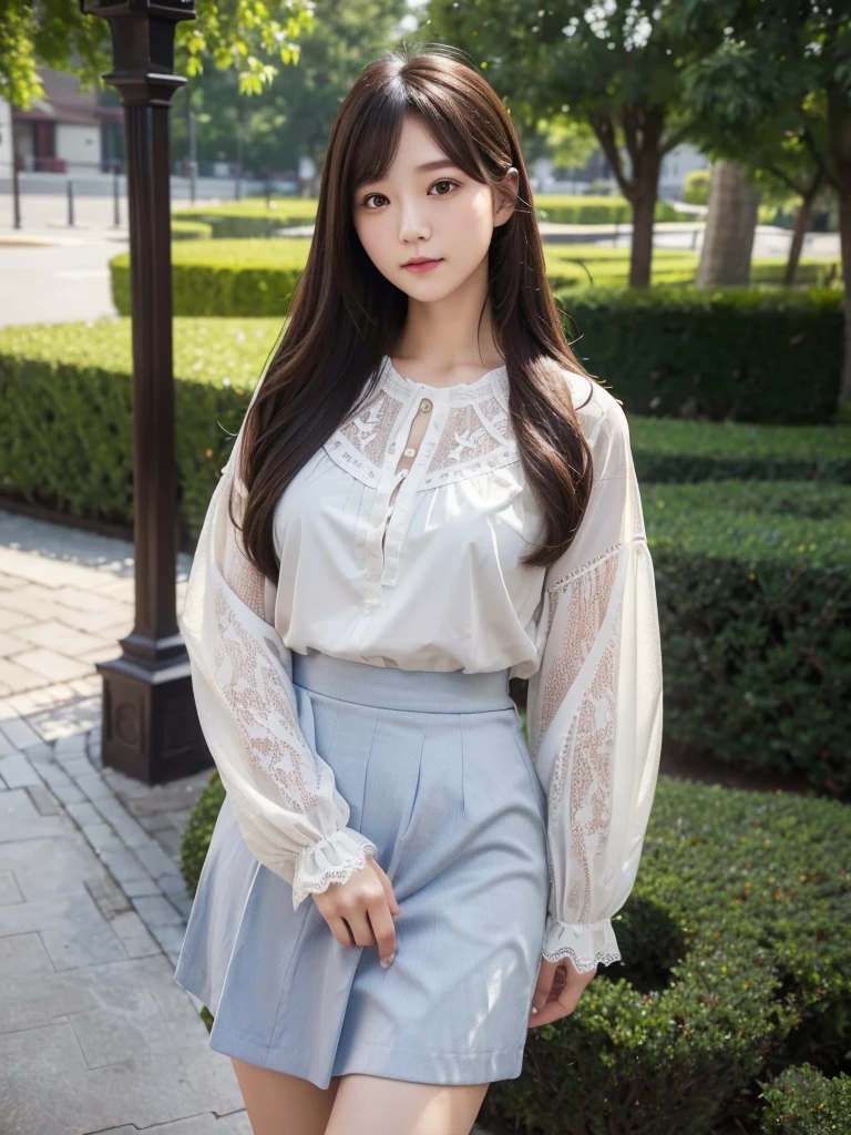 Outdoor、Mid-length skirt 、Blouse with lace、(Highest quality)、((Very detailed))、4K、(8k)、masterpiece、Very detailedな、Highest quality、Super Resolution、1 person、Kind Face、Soft Light、RAW quality、Soft Skin、163cm、28 years old、Thighs