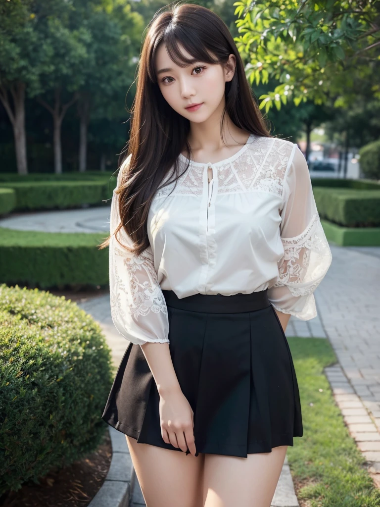 Outdoor、Mid-length skirt 、Blouse with lace、(Highest quality)、((Very detailed))、4K、(8k)、masterpiece、Very detailedな、Highest quality、Super Resolution、1 person、Kind Face、Soft Light、RAW quality、Soft Skin、163cm、28 years old、Thighs