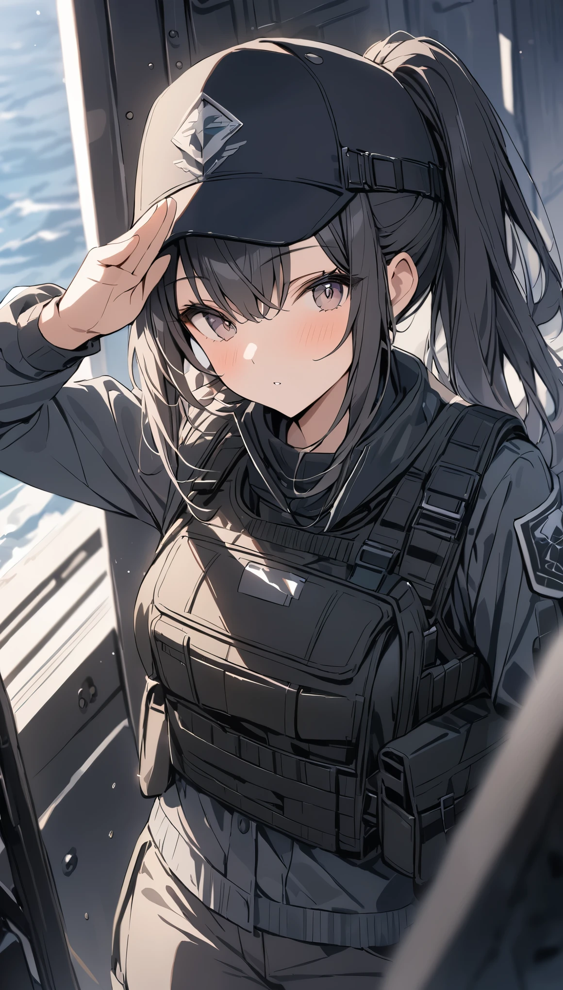 depth of field, Shine, blurry foreground, f/2.8, 35mm, uhd, ((masterpiece)), high quality, super detail, 最high quality, High resolution,(salute:Right hand),Special Forces Girls,ponytail,Bulletproof vest,Black cap