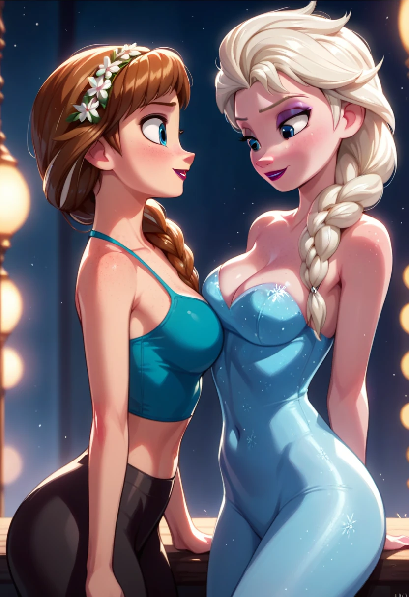 Score_9, score_8_up, score_7_up, rating explicit, source_comic, detailed soft lighting, BREAK 2girls, (Anna from Frozen, brown hair, braided pigtails, wearing green swim team swimsuit:1.2), and (Elsa from Frozen, blonde, braid, wearing blue swim team swimsuit:1.3), BREAK embracing, in the gym shower, blush, soapy, steam, (masterpiece, best quality, highly detailed, beautiful).