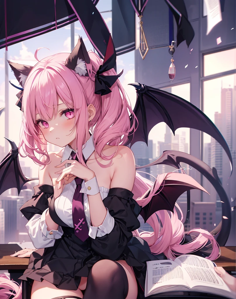 masterpiece, best quality, 1girl, laying totally on a school desk, untied necktie, bare shoulders,cute , she's a succubus, demon hearth tail, neko ears,2 demon wings,scenery,pink hair, sitted ,detailed sexy face, bare high ass, cat ears, cute expression, pink eyes.