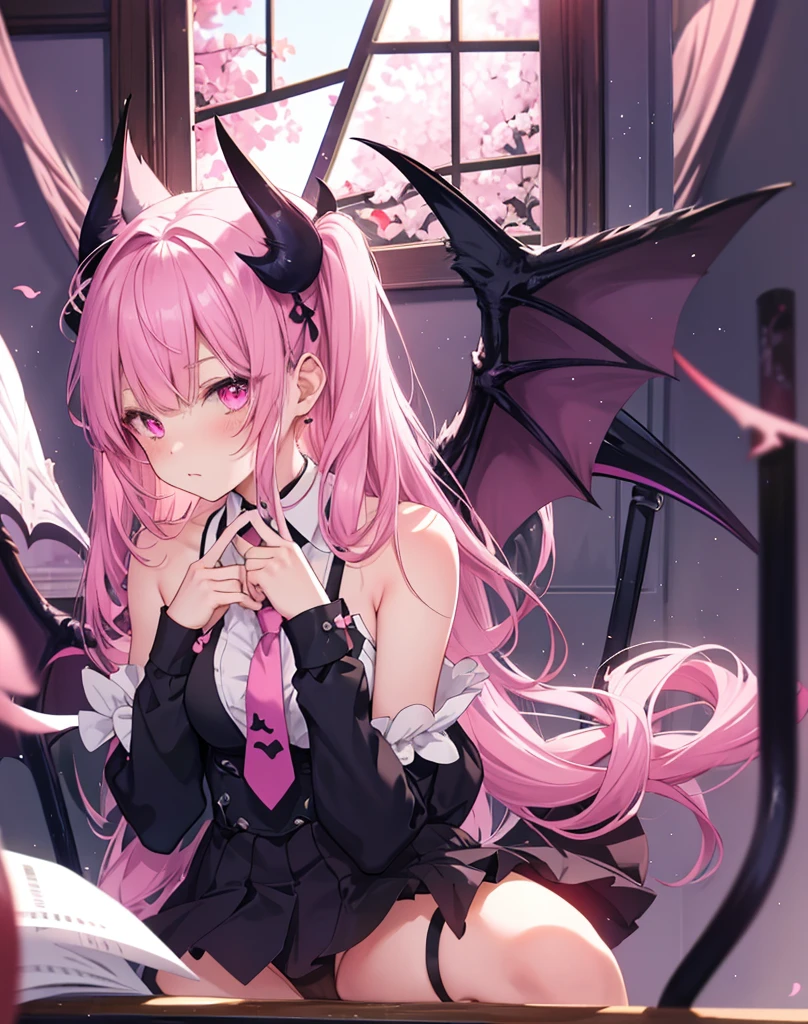 masterpiece, best quality, 1girl, laying totally on a school desk, untied necktie, bare shoulders,cute , she's a succubus, demon hearth tail, neko ears,2 demon wings,scenery,pink hair, sitted ,detailed sexy face, bare high ass, cat ears, cute expression, pink eyes.