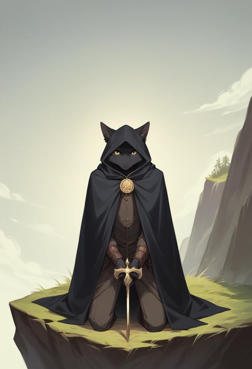 create a picture of an anthropomorphic cat character with black fur and yellow eyes, make his body thin and slender, make him wearing a black closed cloak, make him holding a compound bow, make it in an anime style, give him a short snout, make the cloak look stealthy, make him kneeling on the edge of a cliff