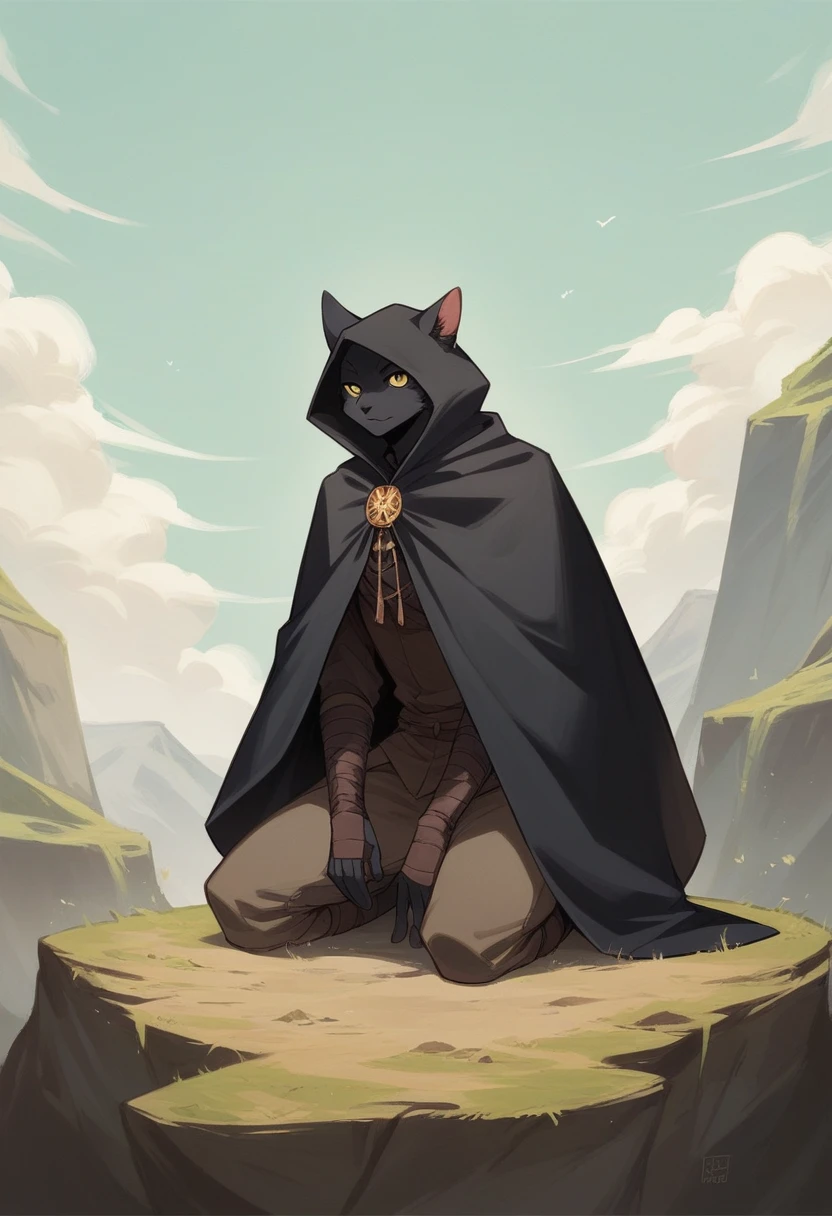 create a picture of an anthropomorphic cat character with black fur and yellow eyes, make his body thin and slender, make him wearing a black closed cloak, make him holding a compound bow, make it in an anime style, give him a short snout, make the cloak look stealthy, make him kneeling on the edge of a cliff