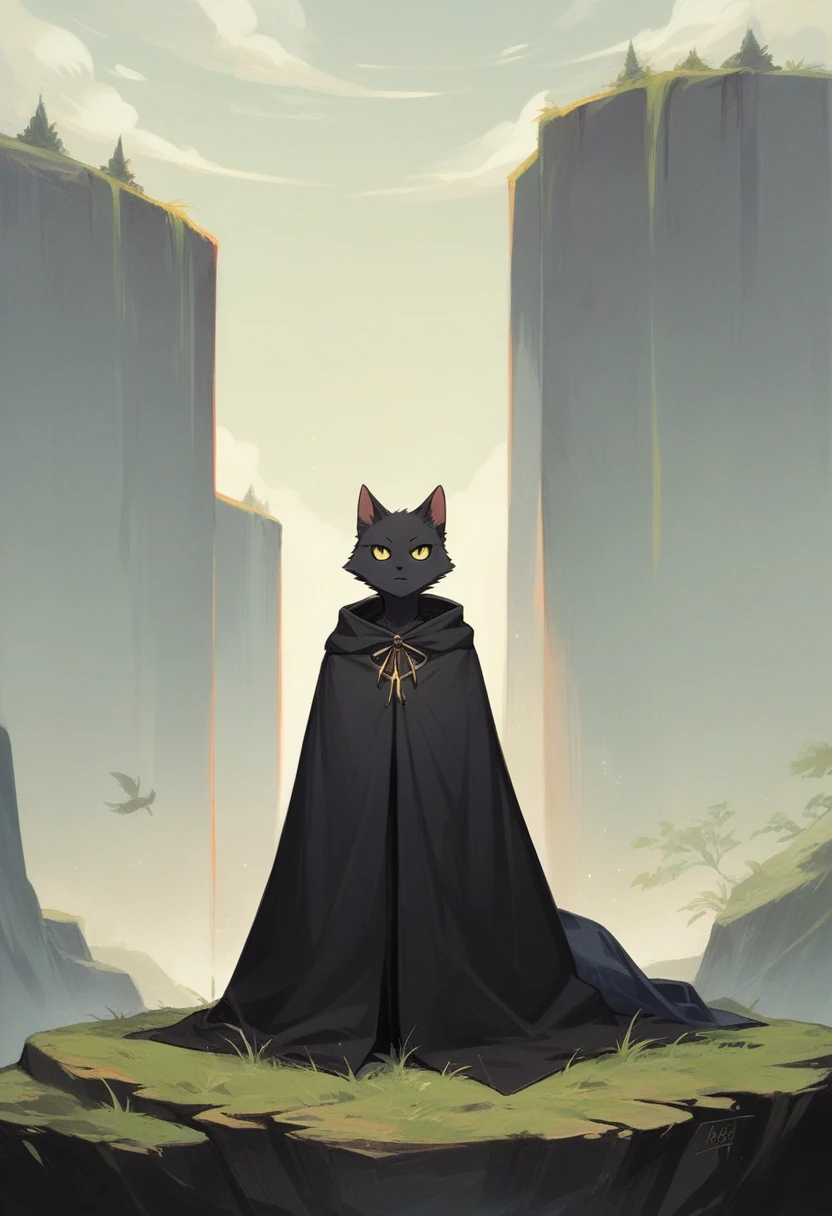 create a picture of an anthropomorphic cat character with black fur and yellow eyes, make his body thin and slender, make him wearing a black closed cloak, make him holding a compound bow, make it in an anime style, give him a short snout, make the cloak look stealthy, make him kneeling on the edge of a cliff