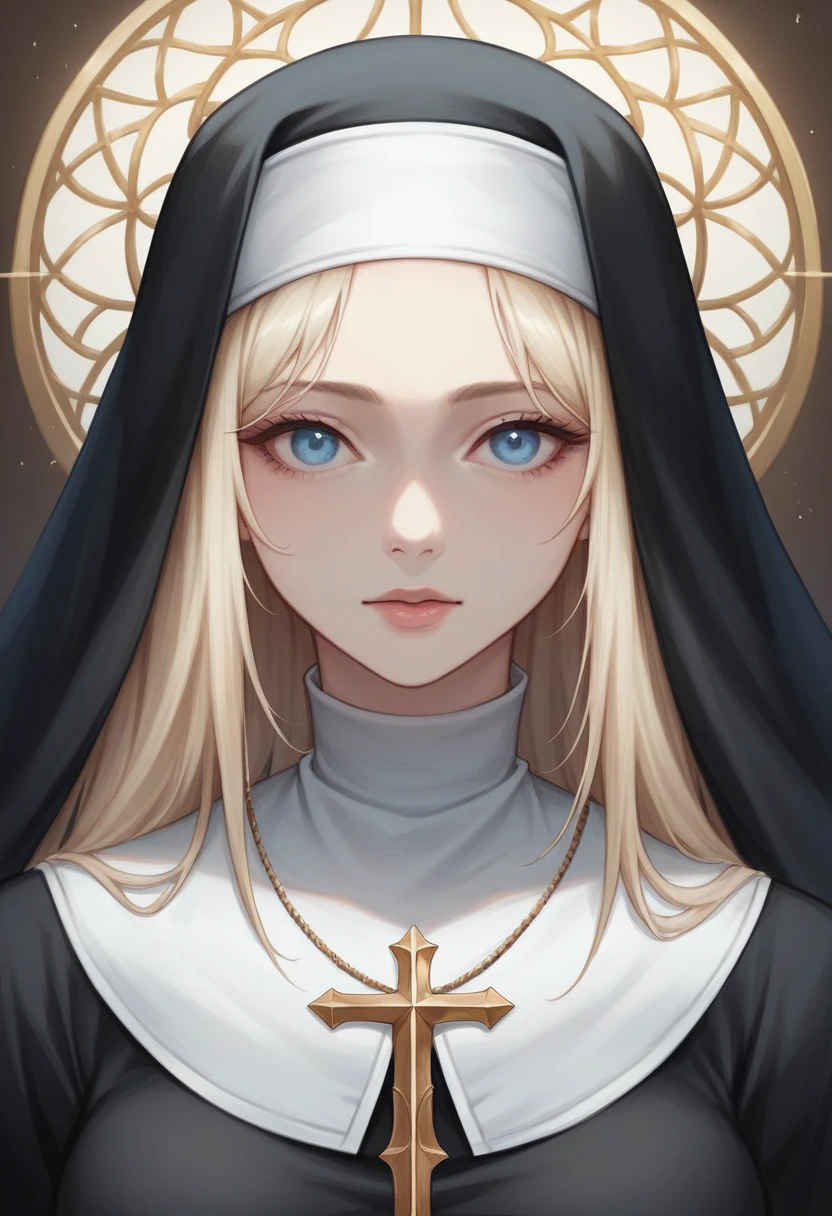 (masterpiece, best quality:1.4), portrait Solo, (((50 years old)))Pure blond straight hair, black clothes, (long hair) (((straight hair))), Detailed hair, Blue Eyes, beautiful eyes, light on the face, pale skin, a 50 year old mysterious, dark, woman, nun, 