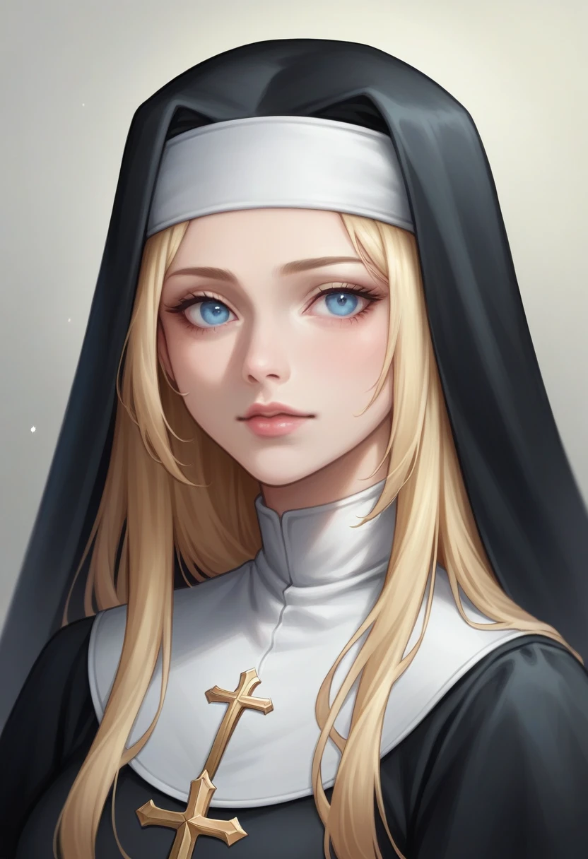 (masterpiece, best quality:1.4), portrait Solo, (((50 years old)))Pure blond straight hair, black clothes, (long hair) (((straight hair))), Detailed hair, Blue Eyes, beautiful eyes, light on the face, pale skin, a 50 year old mysterious, dark, woman, nun,