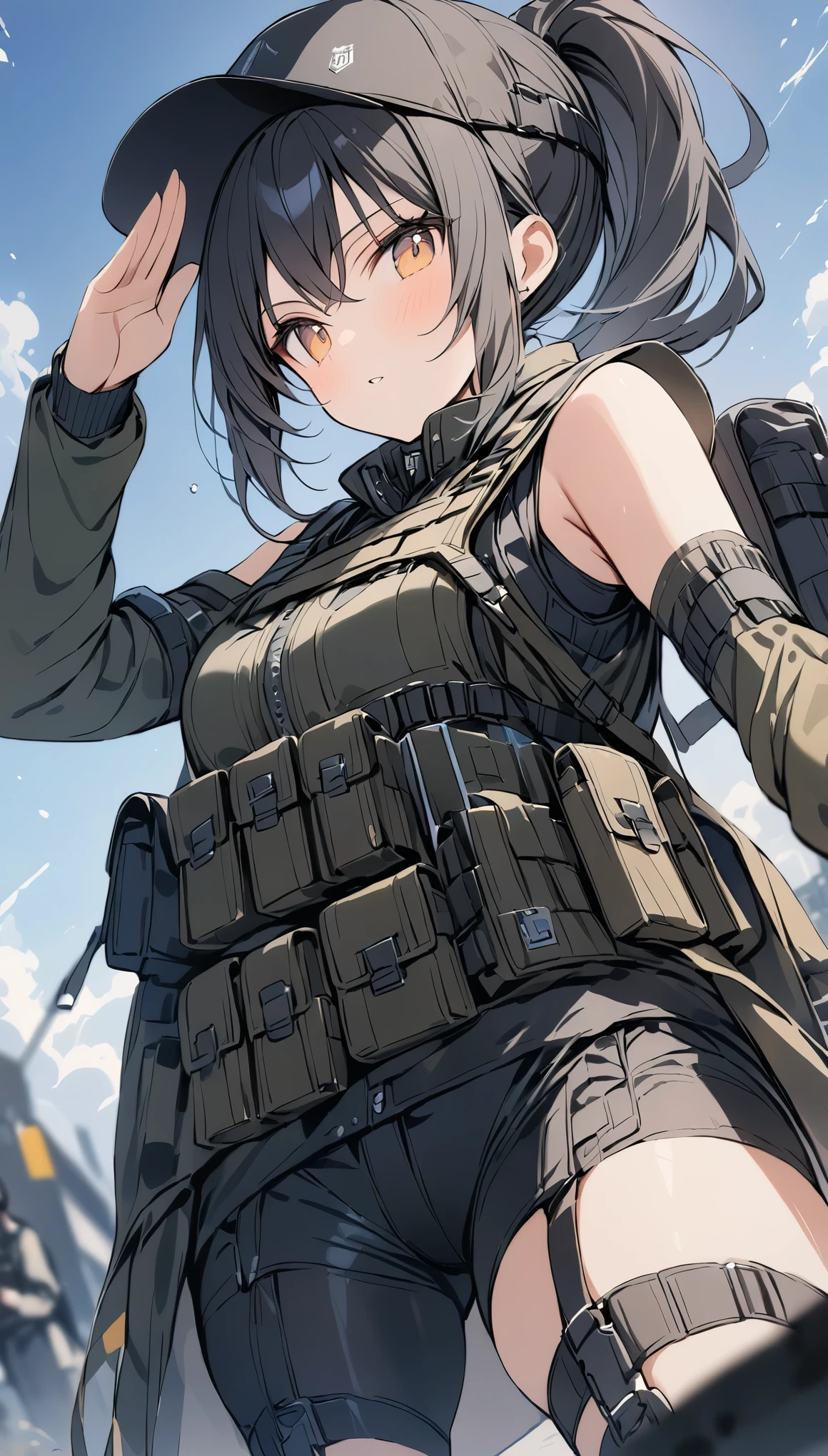 depth of field, Shine, blurry foreground, f/2.8, 35mm, uhd, ((masterpiece)), high quality, super detail, 最high quality, High resolution,(salute:Right hand),Special Forces Girls,ponytail,Bulletproof vest,Black cap