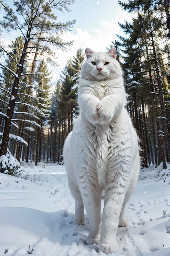 A is riding a huge fluffy white cat through a snowy forest