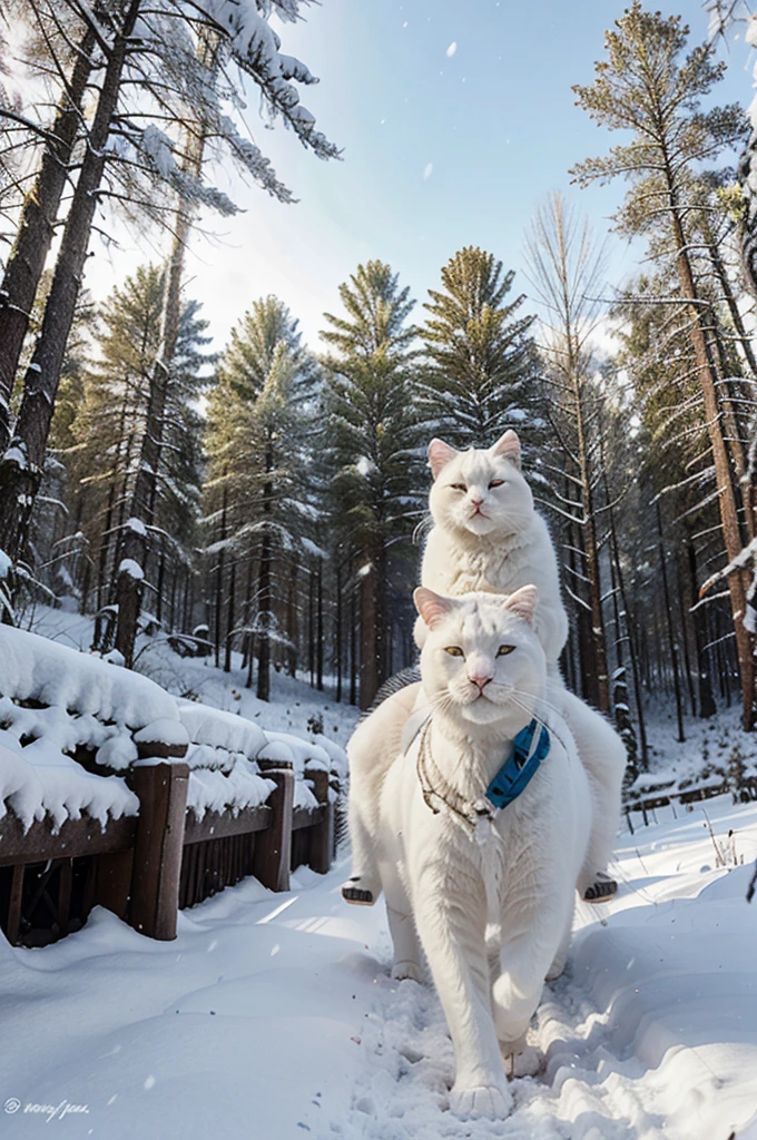 A is riding a huge fluffy white cat through a snowy forest