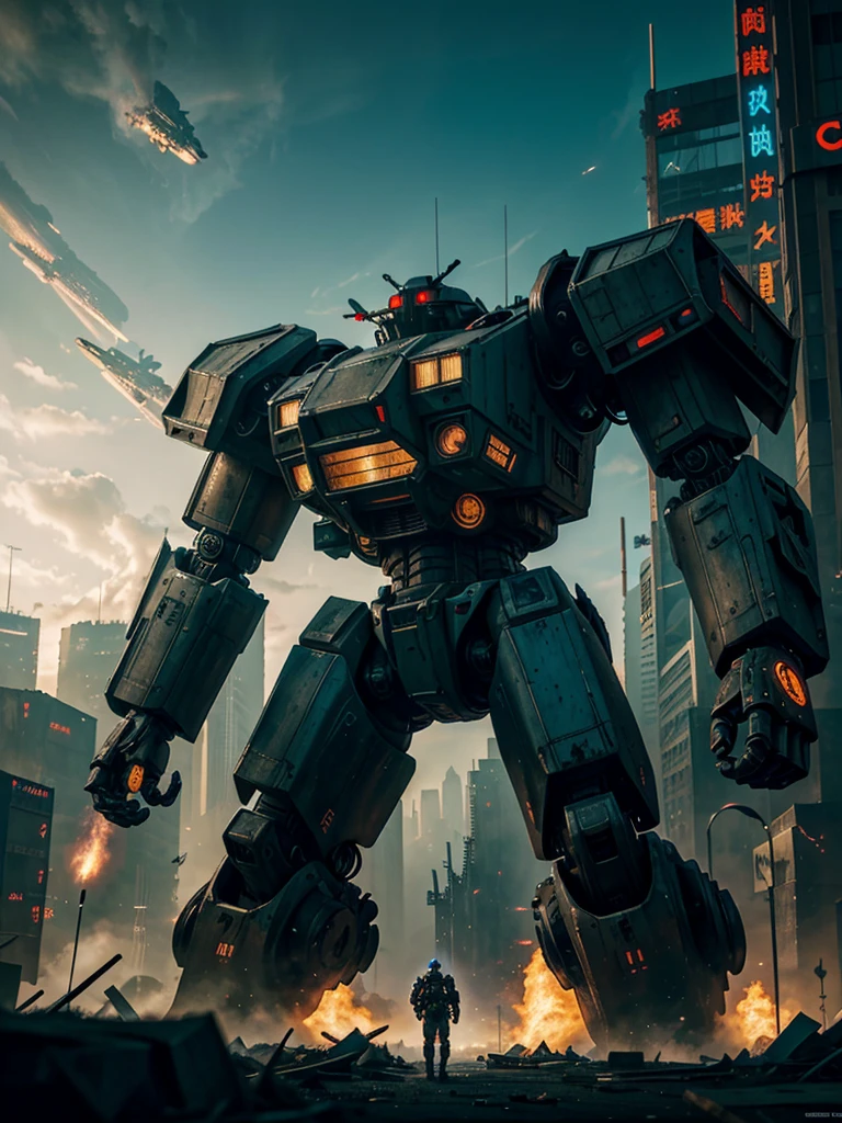 a close up of a large robot in a city with destroyed  buildings, giant mech, destroyed city , apoclapes, robot destroying city , deep cyberpunk mechanoid, advanced digital cyberpunk art, giant robot mech, robot city ruins, anime mecha aesthetic, cyberpunk dark fantasy art, hq 4k phone wallpaper, cyberpunk mechanoid, sci-fi digital art, epic fantasy sci fi illustration, cinematic 4k wallpaper