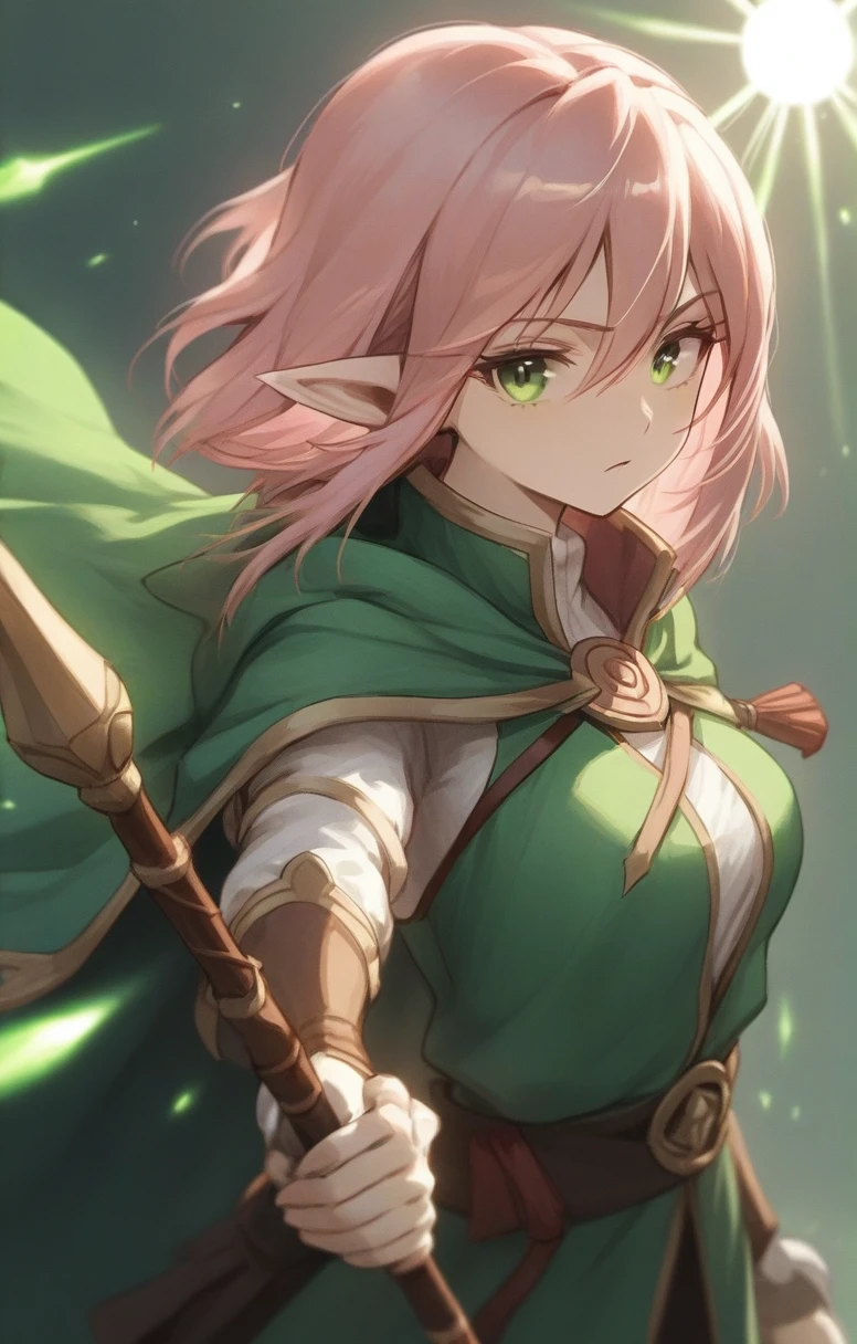 elf, woman, dnd, pink hair, adventurer, green cloak, elegant, wield staff, green eye, sun light, bust shot, flat chest