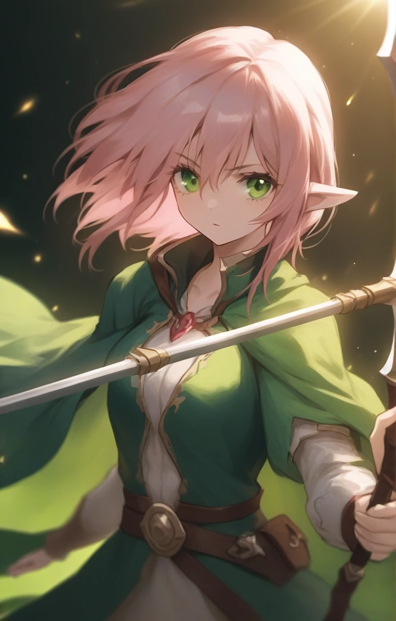 elf, woman, dnd, pink hair, adventurer, green cloak, elegant, wield staff, green eye, sun light, bust shot, flat chest