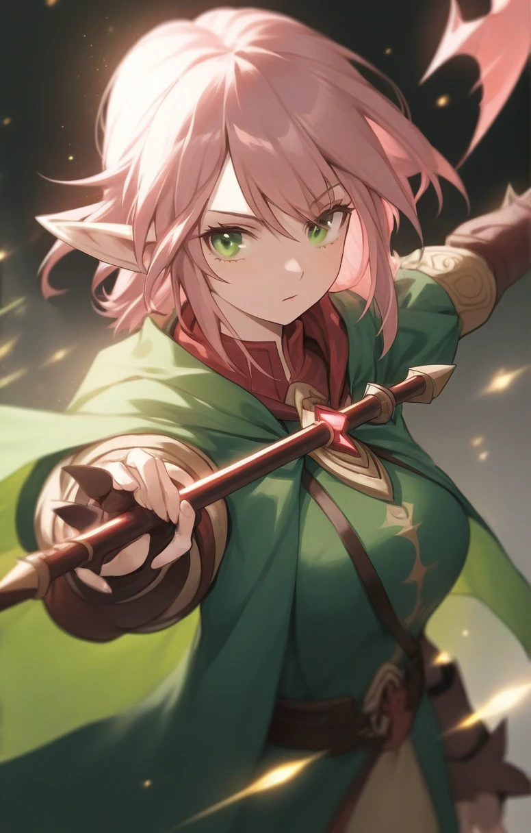 elf, woman, dnd, pink hair, adventurer, green cloak, elegant, wield staff, green eye, sun light, bust shot, flat chest