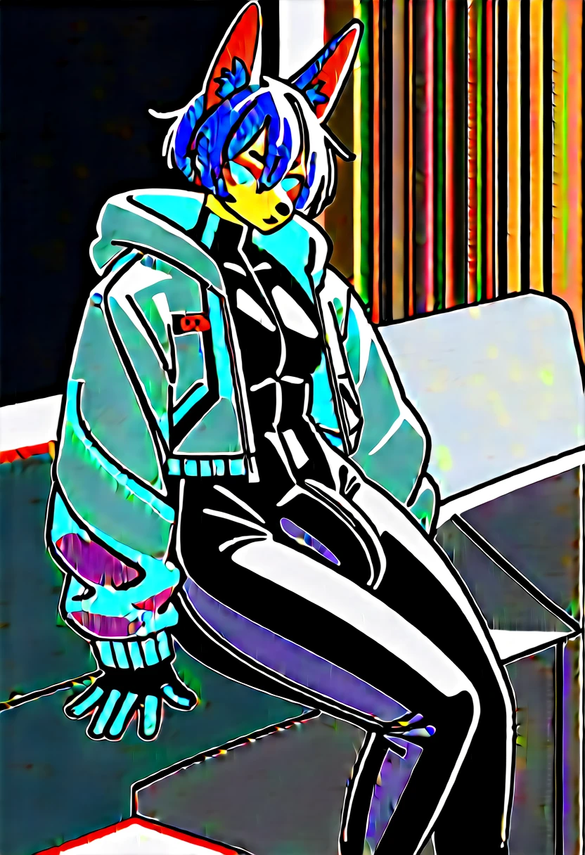 Highest quality, Highest quality, High quality illustrations, masterpiece, Ultra-high resolution, Detailed Background, room, Absurd, Perfect Anatomy, performance, Good lighting, Shadows in the movies(kemono, Furry Personifi猫ion), Anubis, Rubber Suit, latex, neon, neonライト, neonカラー, Bodysuits, Cyber Suit, cyber punk, Rubber Hoodie, Sit on the sofa, Earrings, Tattoo, Huge bulge, Dynamic Angle