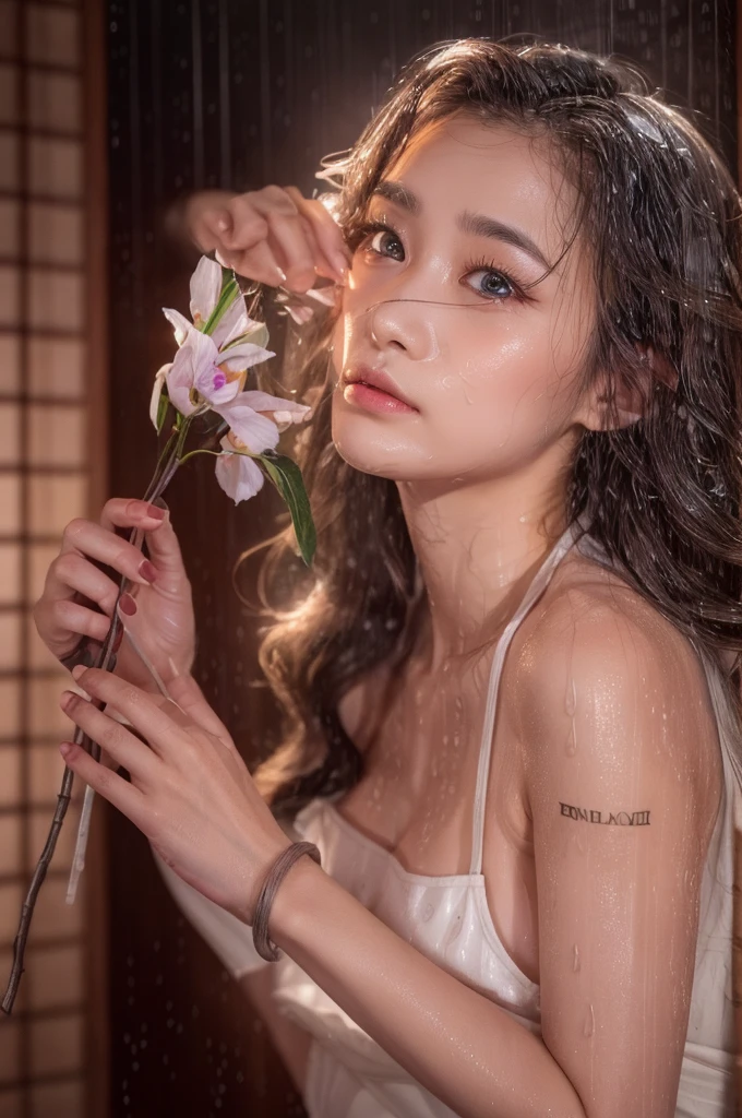 ((Highest quality、masterpiece、8K))、Anatomically correct、Very detailed、High resolution、Realistic、Beautiful white skin、Beautiful, bright, almond-shaped, detailed eyes、Well-formed nose bridge、Intricate details、((Wet kimono with cherry blossom pattern 1.3))、((Wet Hair:1.1))、((Wet Skin:1.1))、((rain:1.5)),((Raise your left arm:1.4))、((Hold the fan in your right hand and thrust it horizontally forward.:1.4))、dance、(((Left armpit))),Huge breasts:1.3