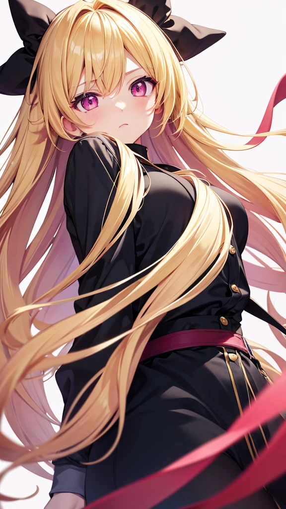 High resolution, Simple Background, Background blur, Anime Style, Round eyes, Character design drawings, Long Hair, Gaze, Blonde, Pink eyes, Backwards