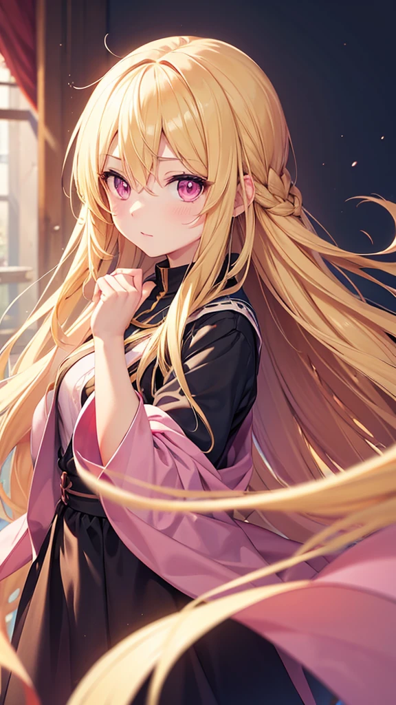 High resolution, Simple Background, Background blur, Anime Style, Round eyes, Character design drawings, Long Hair, Gaze, Blonde, Pink eyes, Backwards