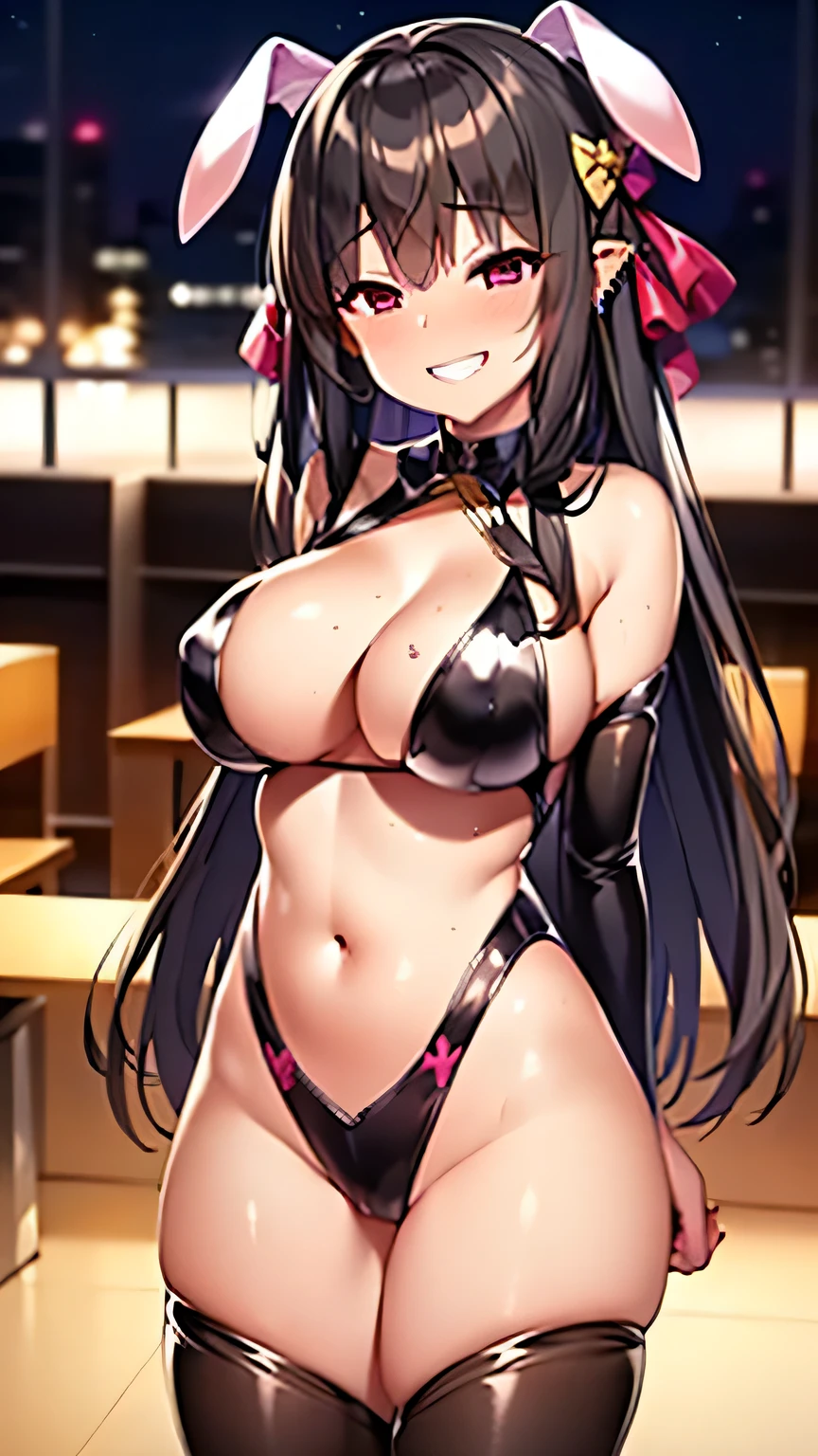 ((masterpiece、best quality、，Very detailed)、8k，((A girl))、((Black hair、Very long hair、Cover your eyes))、Pink Eyes、Smile、((There are many piercings))、((?????????????))、Cowboy shooting、Shot from below、Office Background，((best quality)), ((masterpiece)), (detailed), (character focus、????????????,whole body), Anime 2D Rendering, Realistic young anime women, Five fingers, Perfect face, Beautiful details, Beautiful Body, Beautiful ???????, Beautiful thighs, (????????????)、Beautiful Feet, (Dark Skin), baby face、 12 year old girl、A girl、 (Bunny Girl）、((Grin))、She turned her face and body toward the audience，Beautiful face and charming smile，eternal，Hair Cover your eyes，（?????????????），???，Shy，Exceed，Thick Legs，Succubus，Fascinating three-dimensional,Fascinating three-dimensional，Fascinating three-dimensional，Magical girl，Bright Pink，（（前发Hair Cover your eyes）），night，暗Dark Skin