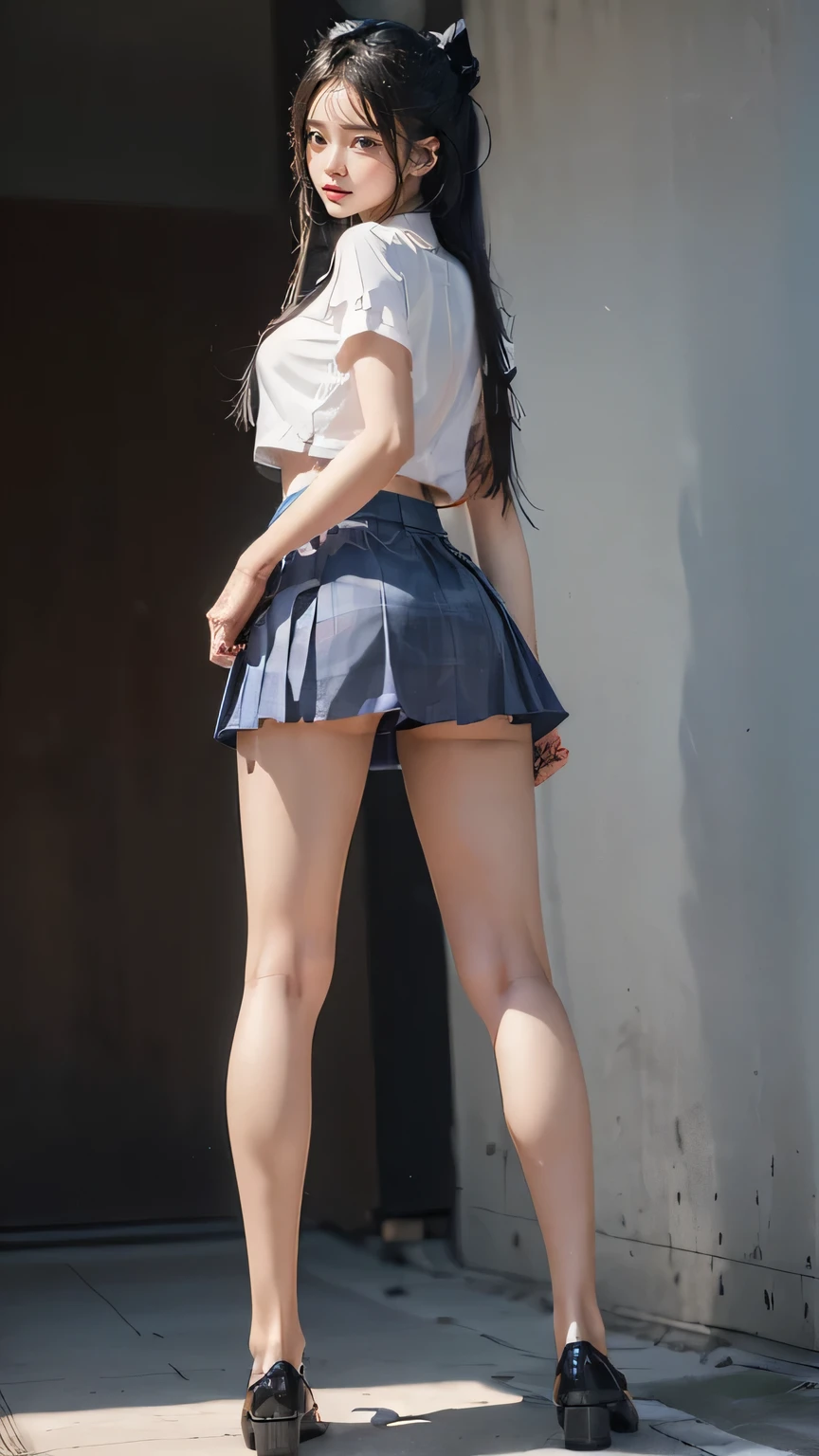 ((masterpiece)),(((最high quality))),((Photograph the whole body from knee height:1.6)),((((((Please stand up straight:1.9)))))),((Thin thighs)),((Long legs:1.3)),(((Girl standing in a school classroom:1.7))),(((Micro Mini Skirt Uniform:1.6))),((tall:1.8)),((Japan  in summer uniform:1.8)),((Slim Model body type:1.5)),((Thin legs:1.5)),((Wearing a red tie:1.5)),Wearing a white shirt with short sleeves,Her erect nipples are clearly visible under her clothes.,(Blue checked micro mini skirt:1.2),(24-years-old:1.3),bangs,A small smile,((cute girl)),Slender girl,(Black Loafers),((short white socks up to the ankles,)),cute,The thigh area below the groin is slim and firm,cute,Black hair ponytail,Thin legs,Slim Model body type,Very small waist,Small hips,Long thighs,Thin thighs,Thin hands,Long hands,((((Photograph the whole body from below:1.5)))),(((((k-popのIVEのWONYOUNGにそっくりの女の子:1.9))))),((Turn your whole body straight ahead:1.8)),((tall:1.4)),(Stand with your legs straight without bending your knees:1.7),((Please stand up straight:1.7)),((turn your hips forward:1.7)),The ankles are super thin,beauty,Fine skin,Firm Skin,Realistically reproduced skin detail of thin legs,Very detailed, Attention to detail,high quality,Awards,High resolution,(Anatomically correct:1.3),(8k,RAW Photos,最high quality,masterpiece:1.5),(((をPhotograph the whole body from below:1.5))),Height 173cm,((Please stand up straight:1.7)),((Please stand up straight:1.7)),(((Keep your back straight:1.8))),((Look forward:1.2)),8 head beauty,Model body type,((Inseam is half the height:1.5)),(Thin thighs),((k-popのIVEのWONYOUNGにそっくりの女の子:1.5)),Raw photo,Firm Skin,Fine skin,Well-trained muscular legs,Attention to detail,vivid,Skin Texture,Genuine skin feel,Perfect composition,beautiful,Very detailed,High chroma,Genuine,eyeliner,eye shadow,High nose,Small nostrils,Small Mouth,Seductive lips,((White panties:1.5))