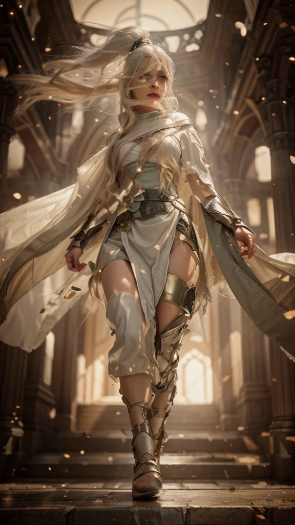 a beautiful woman with long white hair wearing a flowing cape, detailed facial features, emerald green eyes, full red lips, porcelain skin, elegant pose, medieval fantasy setting, ornate architecture, dramatic lighting, muted color palette, cinematic composition, (best quality,4k,8k,highres,masterpiece:1.2),ultra-detailed,(realistic,photorealistic,photo-realistic:1.37),dramatic lighting,cinematic composition,intricate details,di