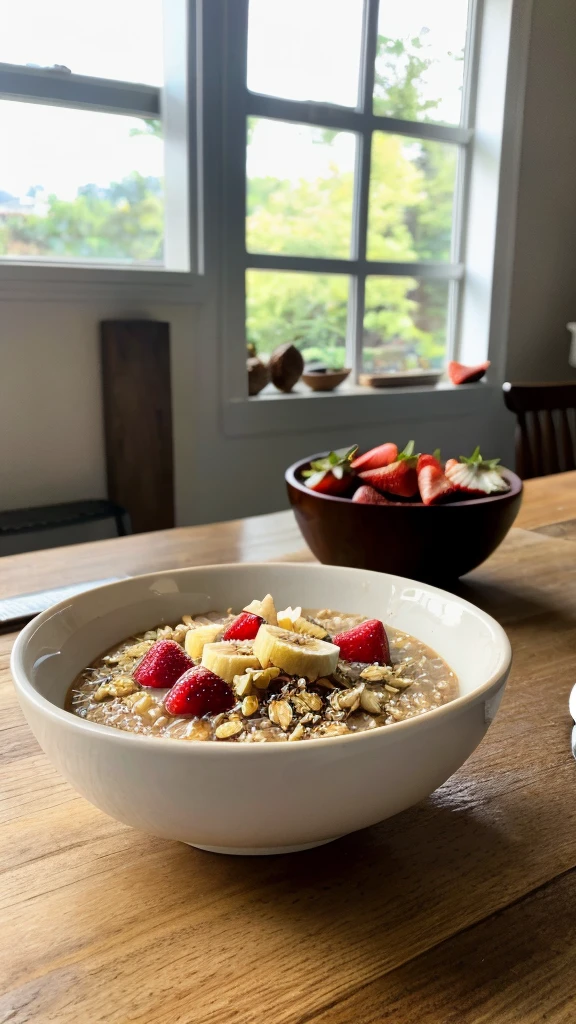 ((best quality)), ((masterpiece)), (detailed), A hyper-realistic, natural photo of a bowl of oatmeal taken with a smartphone by an influencer, showing her breakfast. The oatmeal is topped with fresh fruits like strawberries, blueberries, and banana slices, with a drizzle of honey on top. The bowl is placed on a wooden table with a cozy, morning ambiance. In the background, there's a cup of coffee, a spoon, and a napkin, all arranged casually. The lighting is soft and natural, coming from a nearby window, creating a warm and inviting atmosphere. The photo is highly detailed, capturing the texture of the oatmeal, the freshness of the fruits, and the slight reflections on the honey. The image looks like it was posted on social media, with an authentic and unfiltered feel.