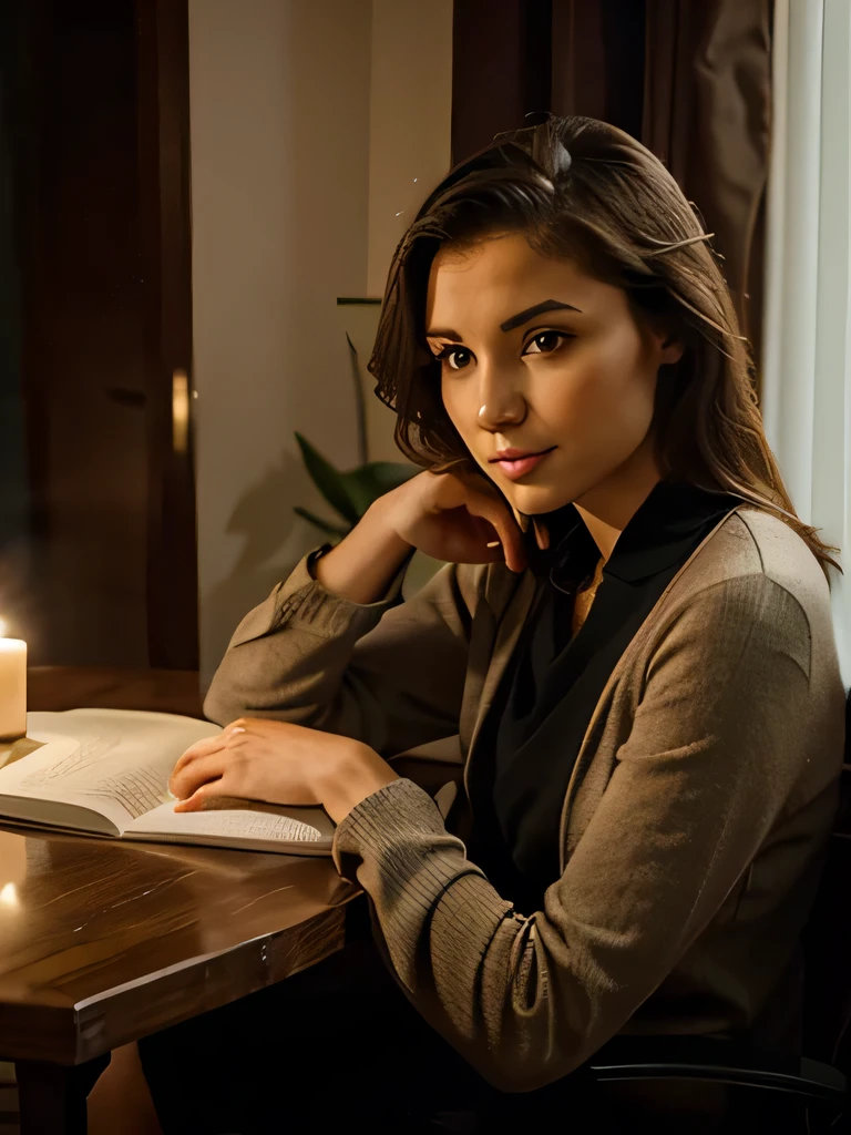 An elegant female psychologist expert. Cozy comfortable ambient. She is attending on a table