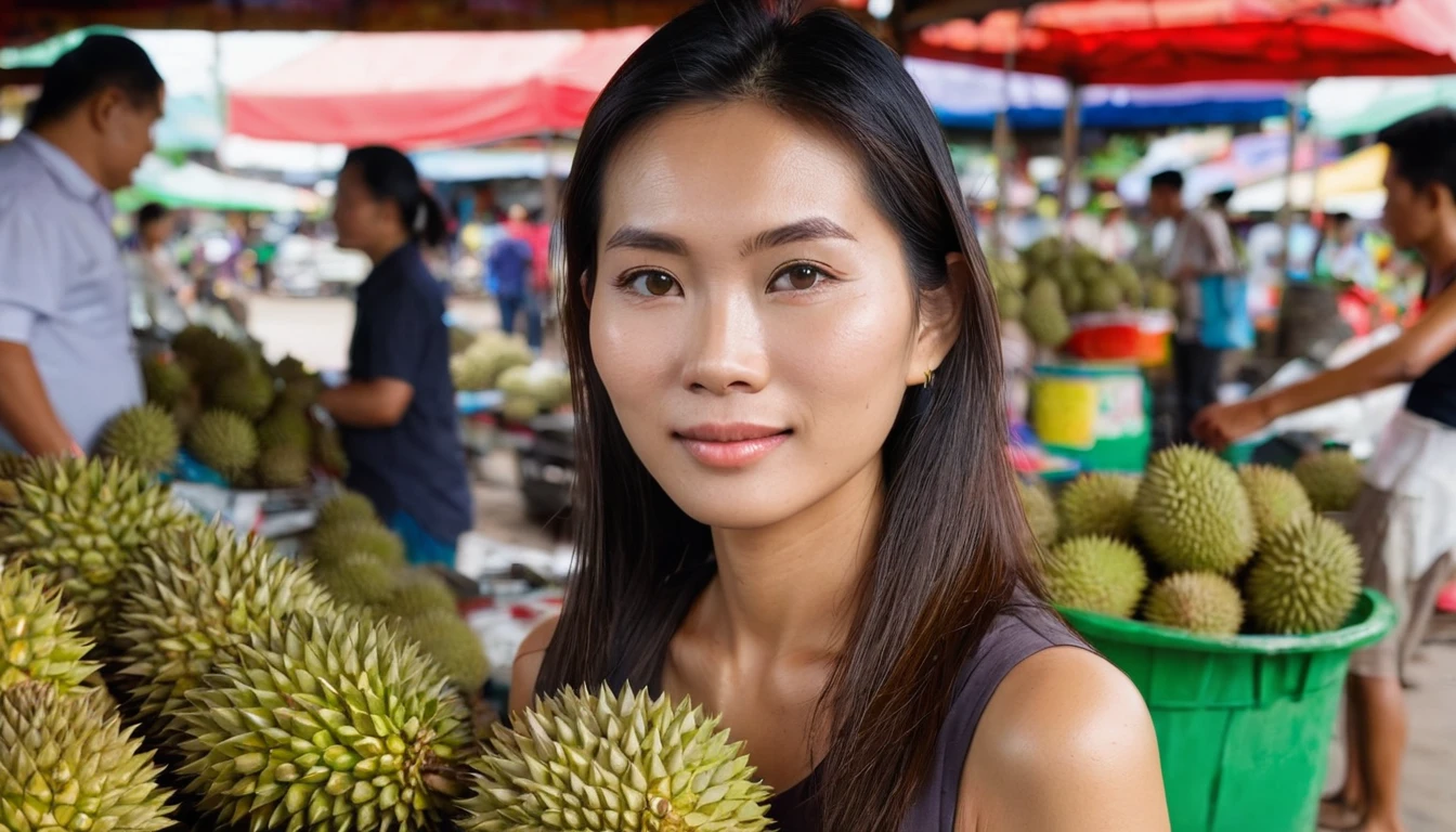 A Thai woman, about 25 years old, with a beautiful face, standing in the middle of a flea market. In his right hand he holds a bunch of longans. Left hand holding durian 