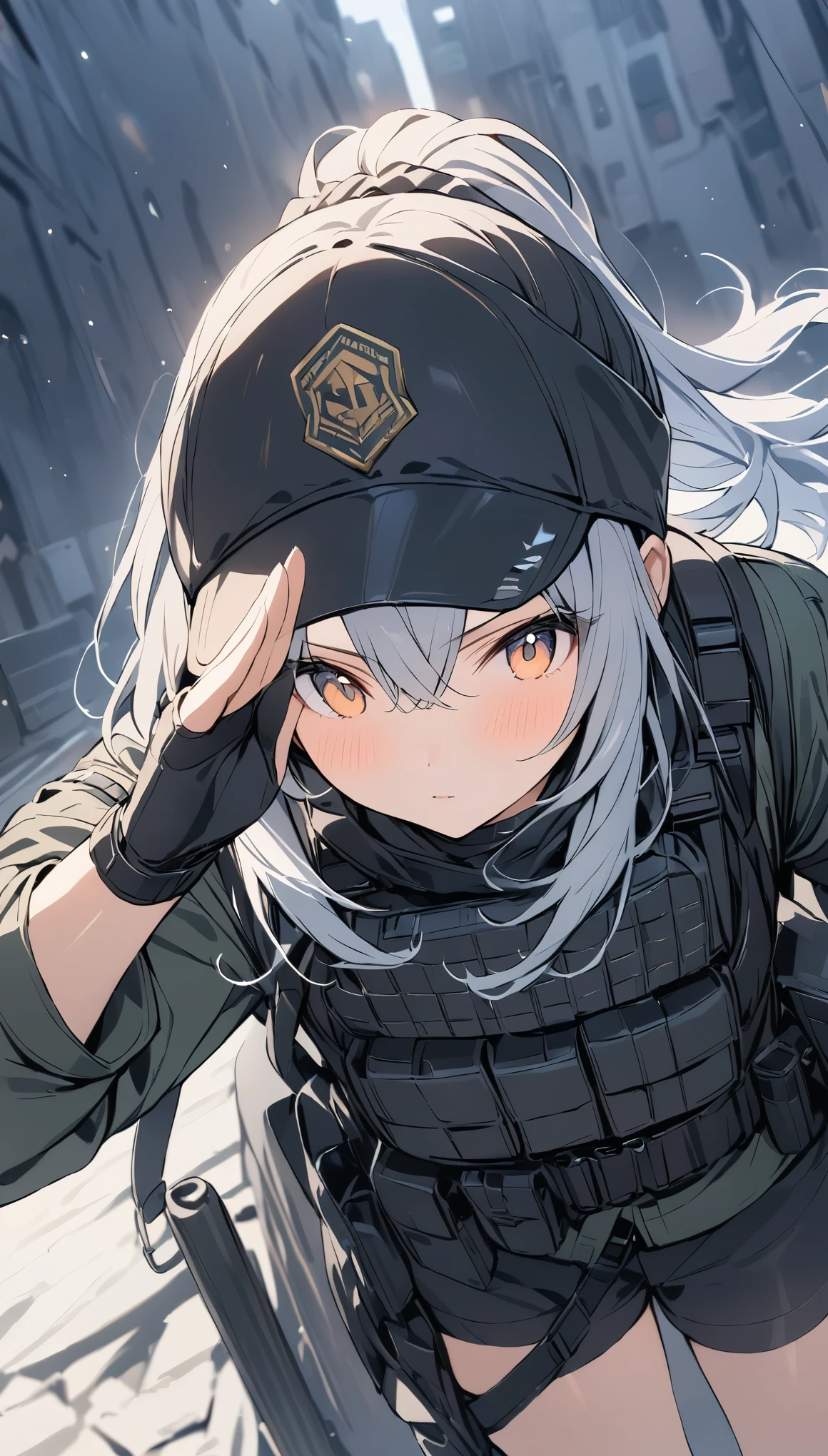 depth of field, Shine, blurry foreground, f/2.8, 35mm, uhd, ((masterpiece)), high quality, super detail, 最high quality, High resolution,(salute:Right hand),Special Forces Girls,ponytail,Bulletproof vest,Black cap