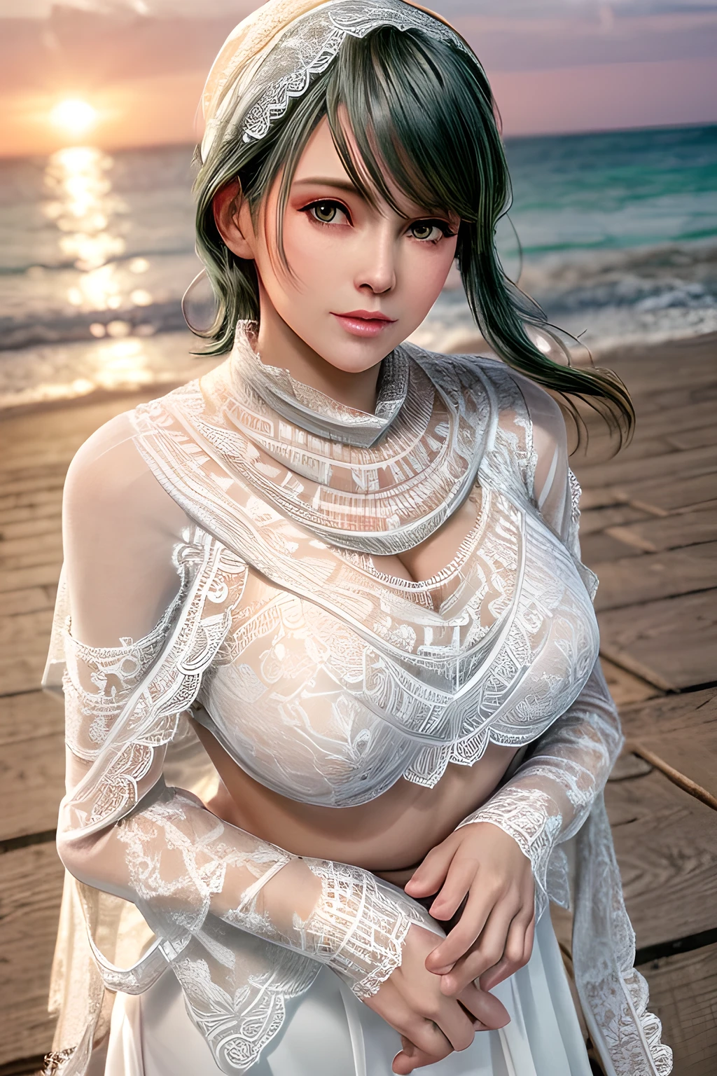 1girl , wearing a wedding dress with (a sweetheart neckline on the upper part:1.2),( a beautiful lace shawl:1.5), and long sleeves that add to her elegance,outdoors,At the seaside at sunset,huge breasts,Tamaki,